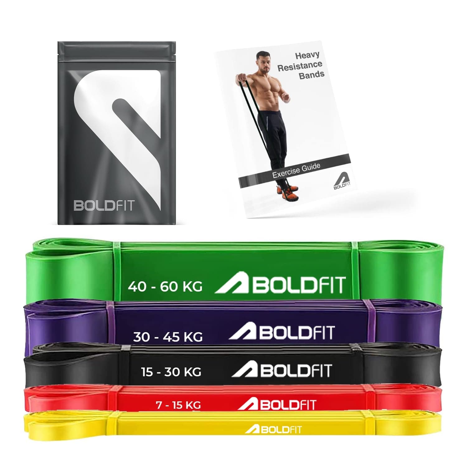 Boldfit Heavy Resistance Band for Workout & Exercise Pull Up, Stretching & Toning Bands for Men & Women Resistance Band Set for Home & Gym Workouts (Green,Purple,Black,Red,Yellow)