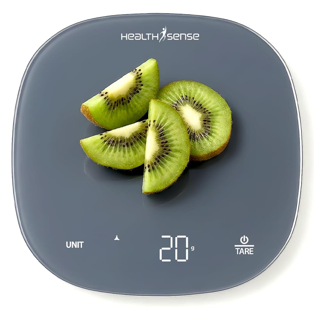 HealthSense Weighing machine for food, Kitchen weight scale with 5kg Capacity, 1g Accuracy, LED Display, Touch Tare Function, Glass Surface, Overload Indicator, Auto-Off | 1 Year Warranty – Chef-Mate
