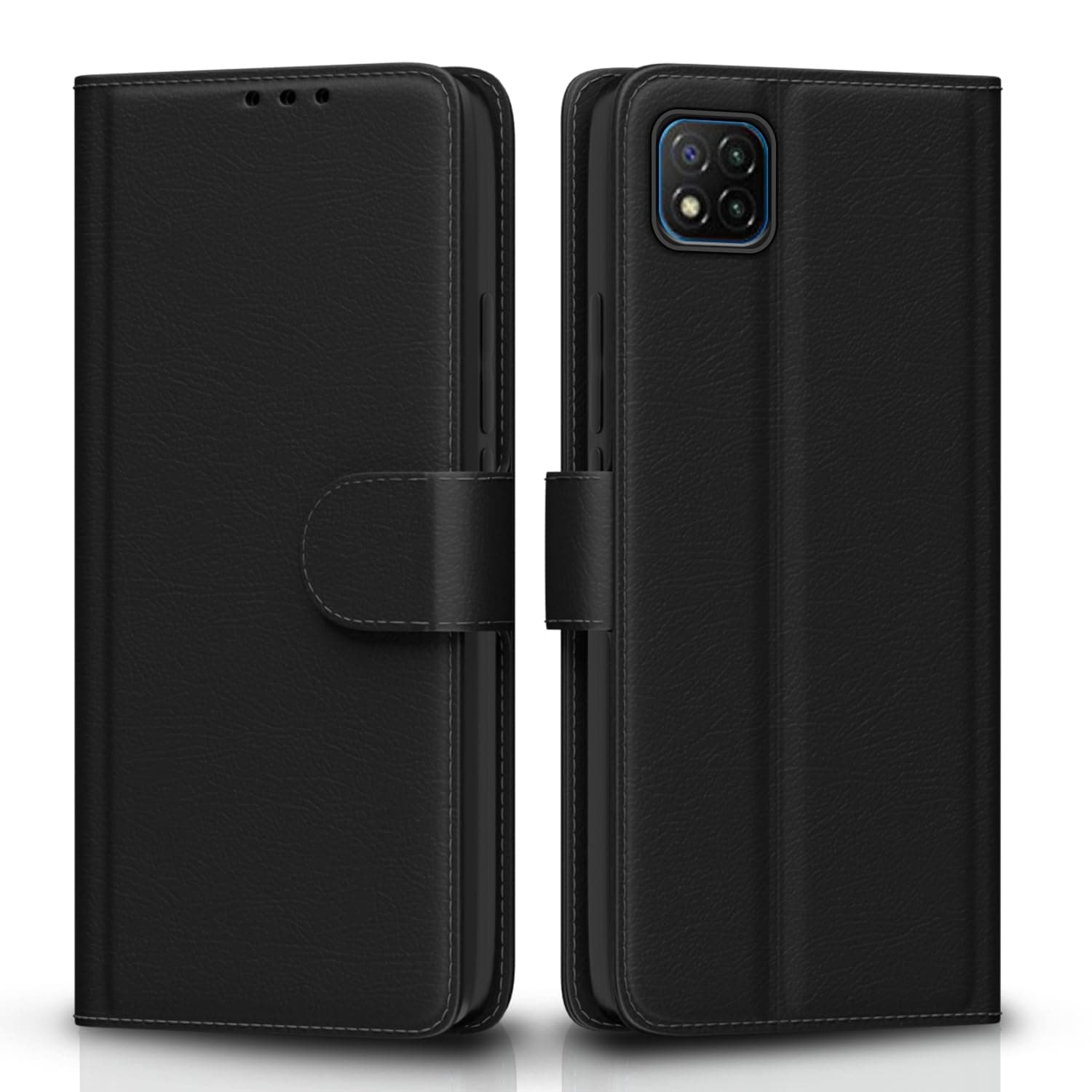 Pikkme Poco C3 Flip Case Leather Finish | Inside TPU with Card Pockets | Wallet Stand and Shock Proof | Magnetic Closing | Complete Protection Flip Cover for Poco C3 (Black)