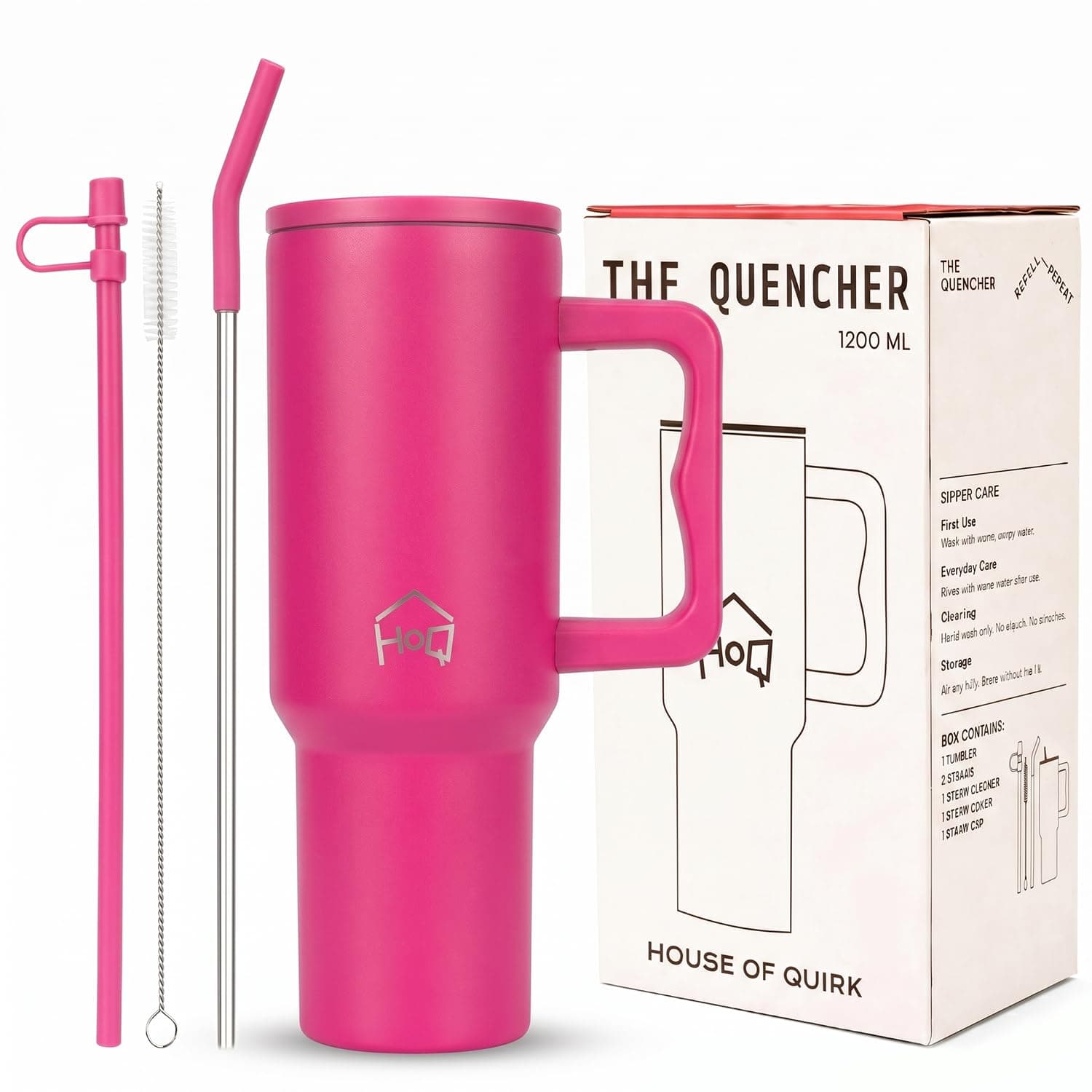 House of Quirk 1200ML Stainless Steel Tumbler with Handle & Lid, 2 Straws – Large Travel Mug Water Cup for Gym, Office & Outdoor Use (Raspberry)