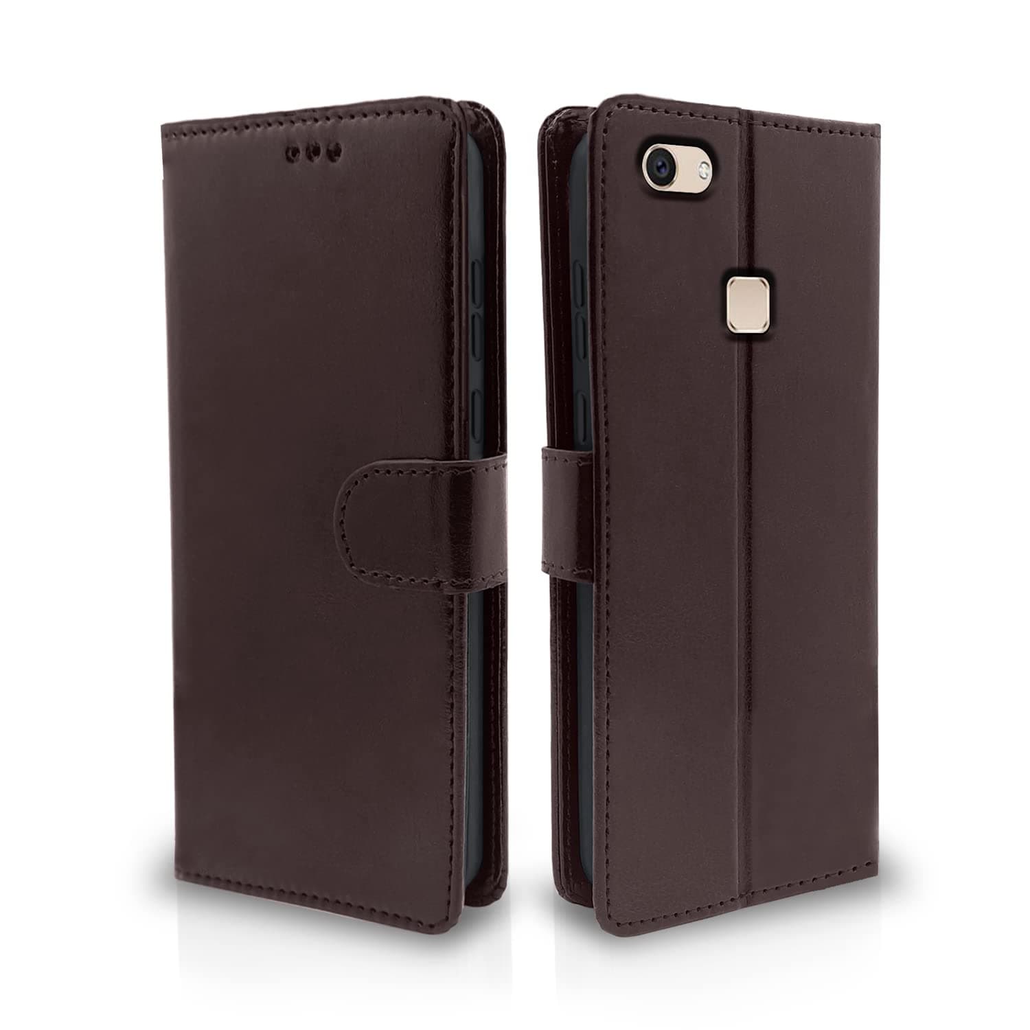 Pikkme Vivo V7 Plus Flip Case Leather Finish | Inside TPU with Card Pockets | Wallet Stand and Shock Proof | Magnetic Closing | Complete Protection Flip Cover for Vivo V7 Plus (Coffee)