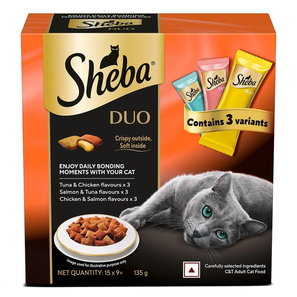 Sheba Duo Adult Crunchy Cat Treats, 135 g, Crispy Outside Soft Inside, Contains 3 Variants, Tuna & Chicken, Salmon & Tuna, Chicken & Salmon