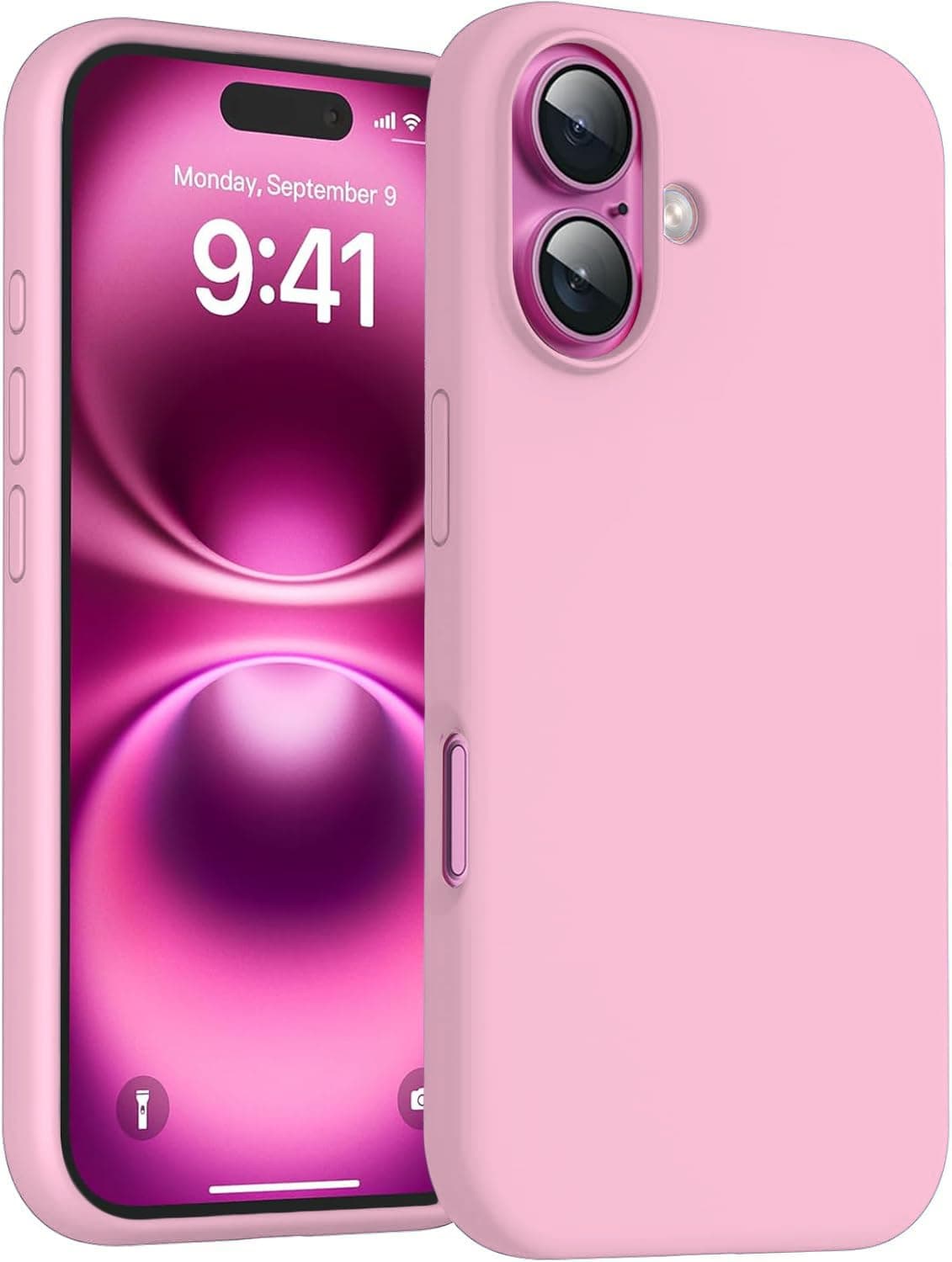DIZORO Compatible for iPhone 16 Case 6.1, Slim Liquid Silicone 3 Layers Full Covered Soft Gel Rubber Phone Case Protective Cover 6.1 Inch - Pink