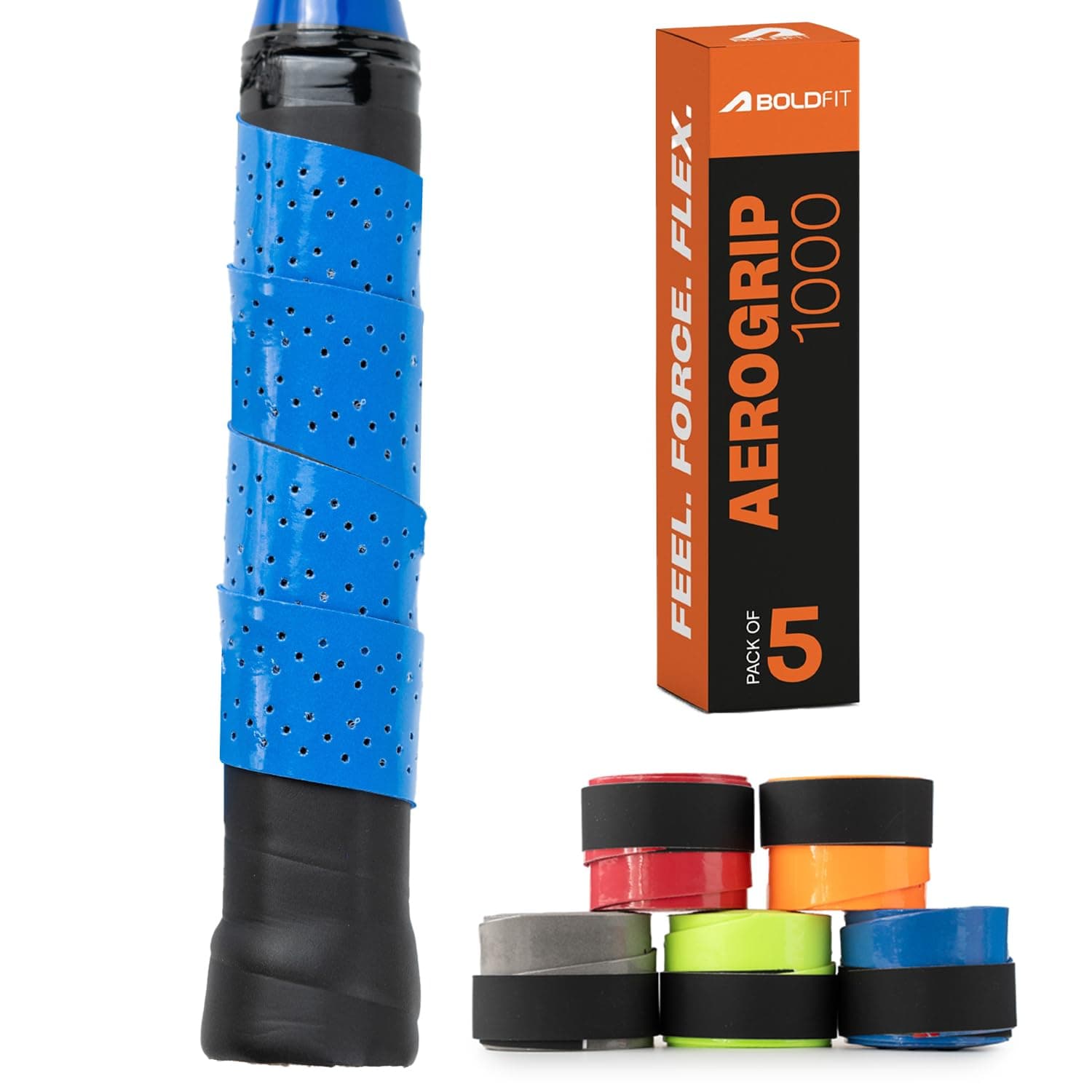 Boldfit Badminton Grip Multicolor Anti Slip Perforated Tennis Racket Grip Tape Sweat Absorbent Overgrip Tape Strong Badminton Racket Grip for Handle Grip Tennis Bat Handle Gripper AeroGrip Pack of 5