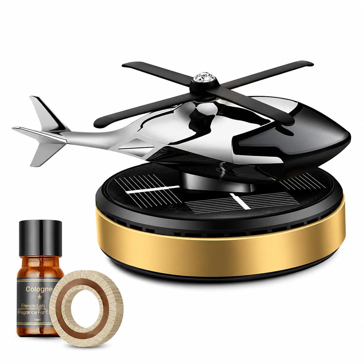 Solar Helicopter Car Perfume Diffuser with Wooden Insert and Aluminum Base (Gold Helicopter)
