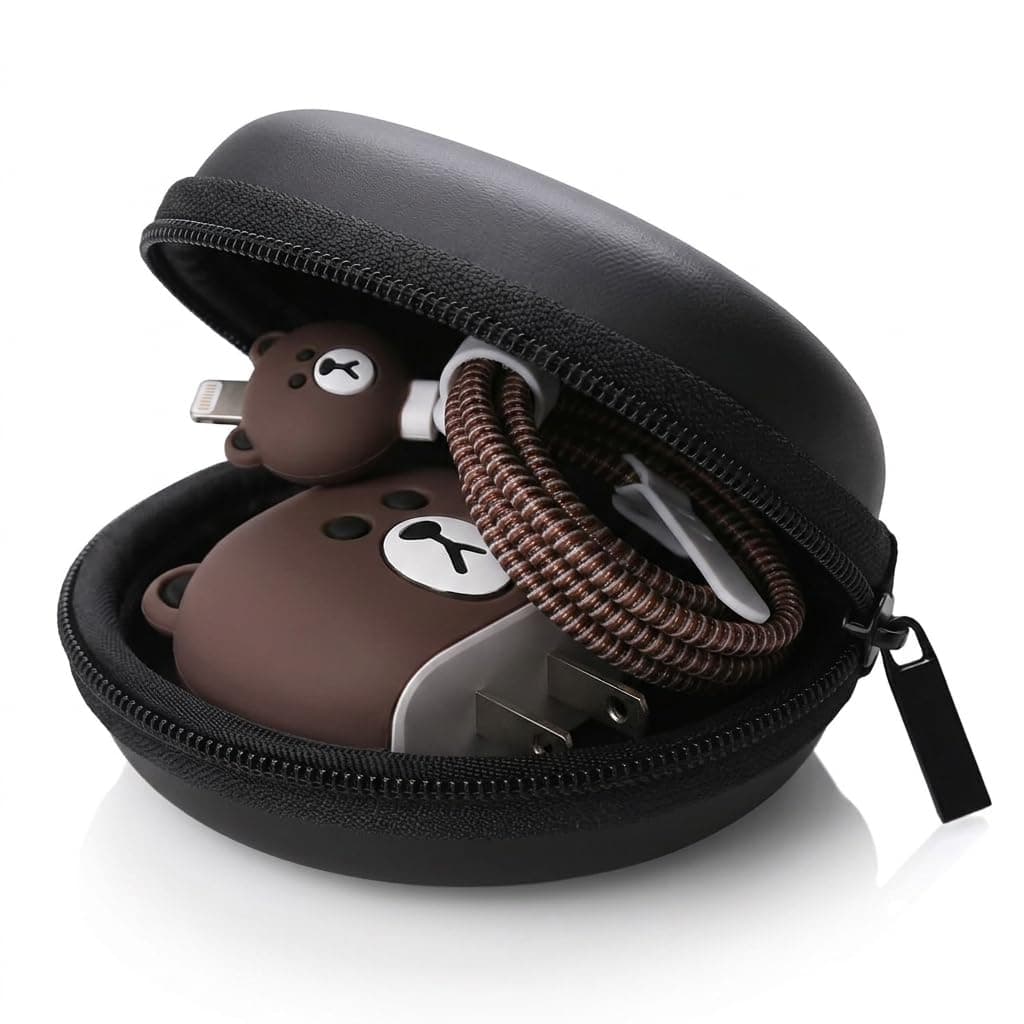 JAMPOD for iPhone Charger Protector Case 18W/20W with Carry Black Case Combo Set 5 in 1 Silicone, 3D Cute Kawaii Aesthetic Charger Protective Design for Apple Chargers Only - Brown Bear