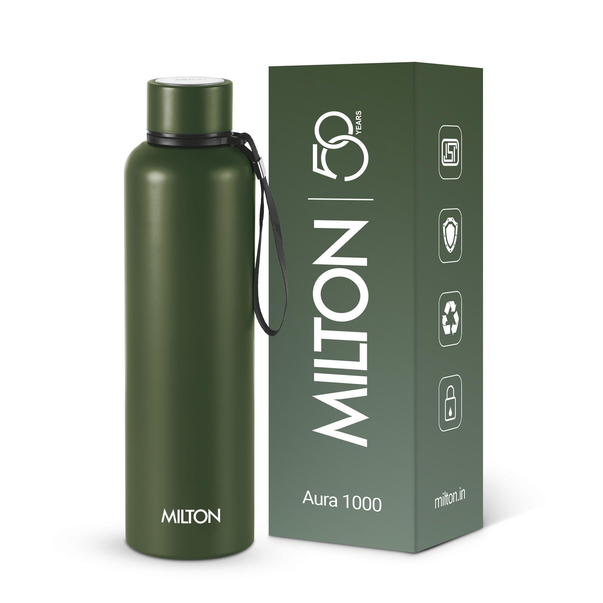 Milton Aura 1000 Thermosteel Water Bottle, 24 Hr Hot and Cold I Leak Proof Lid, ISI Certified I Vacuum Insulated I for Office, Gym, School I Military Green