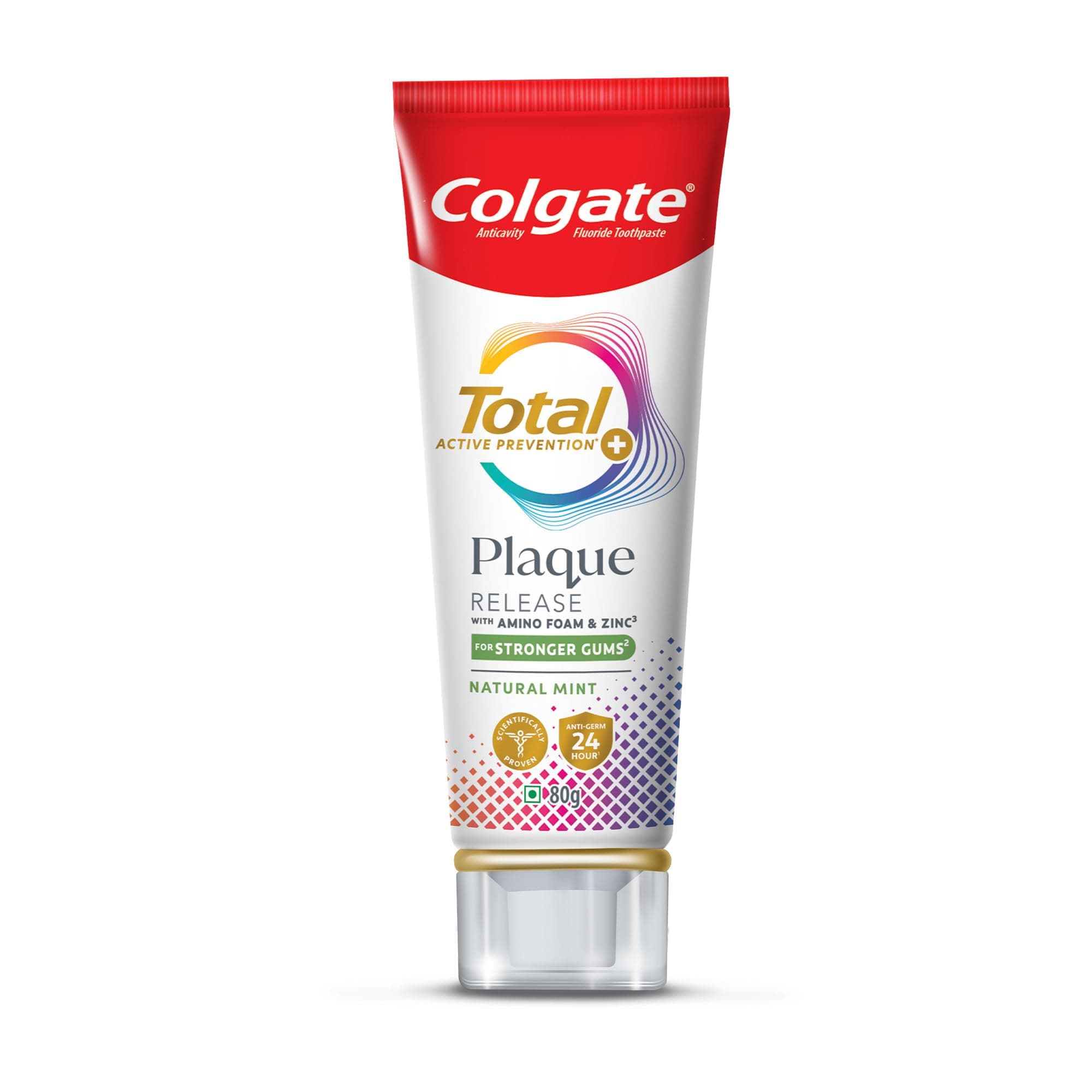 Colgate Total Plaque Release Toothpaste, 3X More Effective at Fighting Plaque, Reduces Gum Problems, Antibacterial and Enamel Protection Tooth Paste, Fresh Breath, 80g
