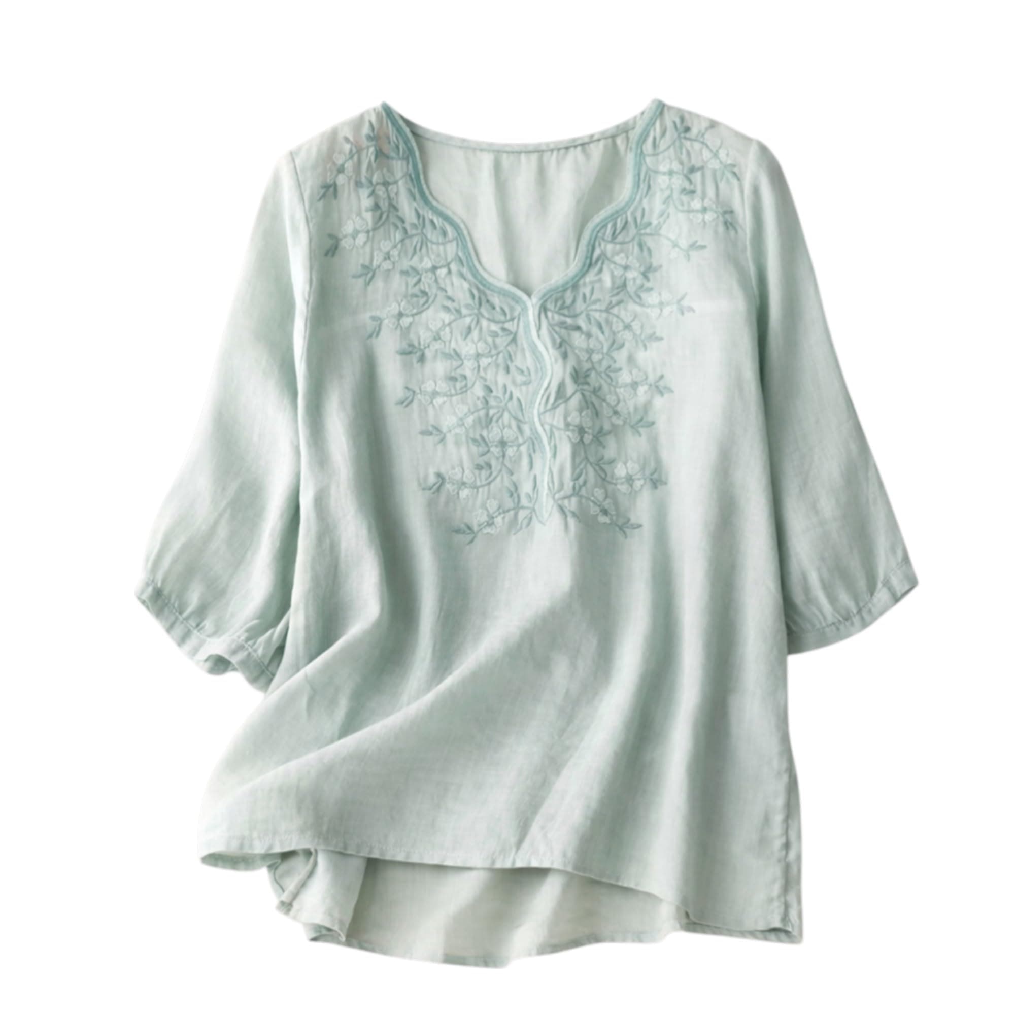 RIEKA Womens Sea Green Floral Embroidered Tunic Top with Scalloped V Neck, Relaxed Fit, Breezy, Lightweight, Casual Ethnic Inspired Top (SEA Green-XL)