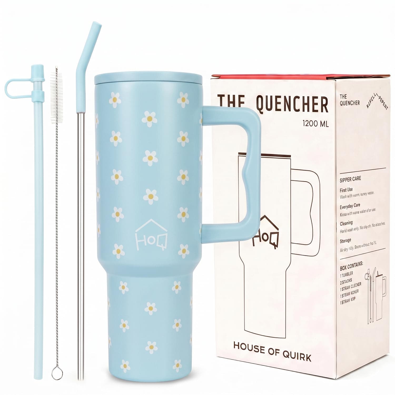 House of Quirk 1200ML Stainless Steel Tumbler with Handle & Lid, 2 Straws – Large Travel Mug Water Cup for Gym, Office & Outdoor Use (Blue Daisy)