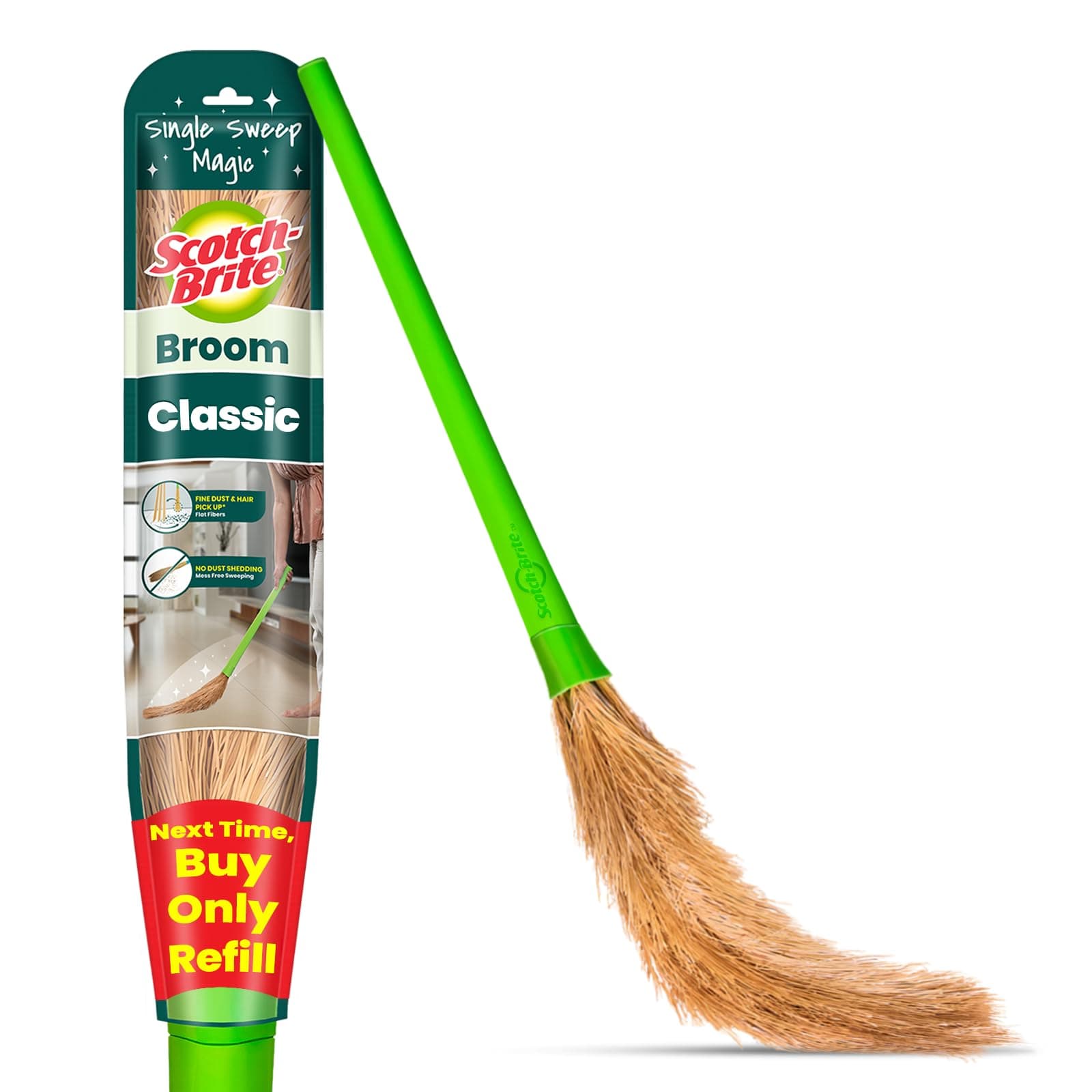 Scotch-Brite Classic Floor Broom | Flat Fibers Pick Fine Dust & Hair | Long Handle for No Bending | No Dust Shedding | Lightweight & Long Lasting