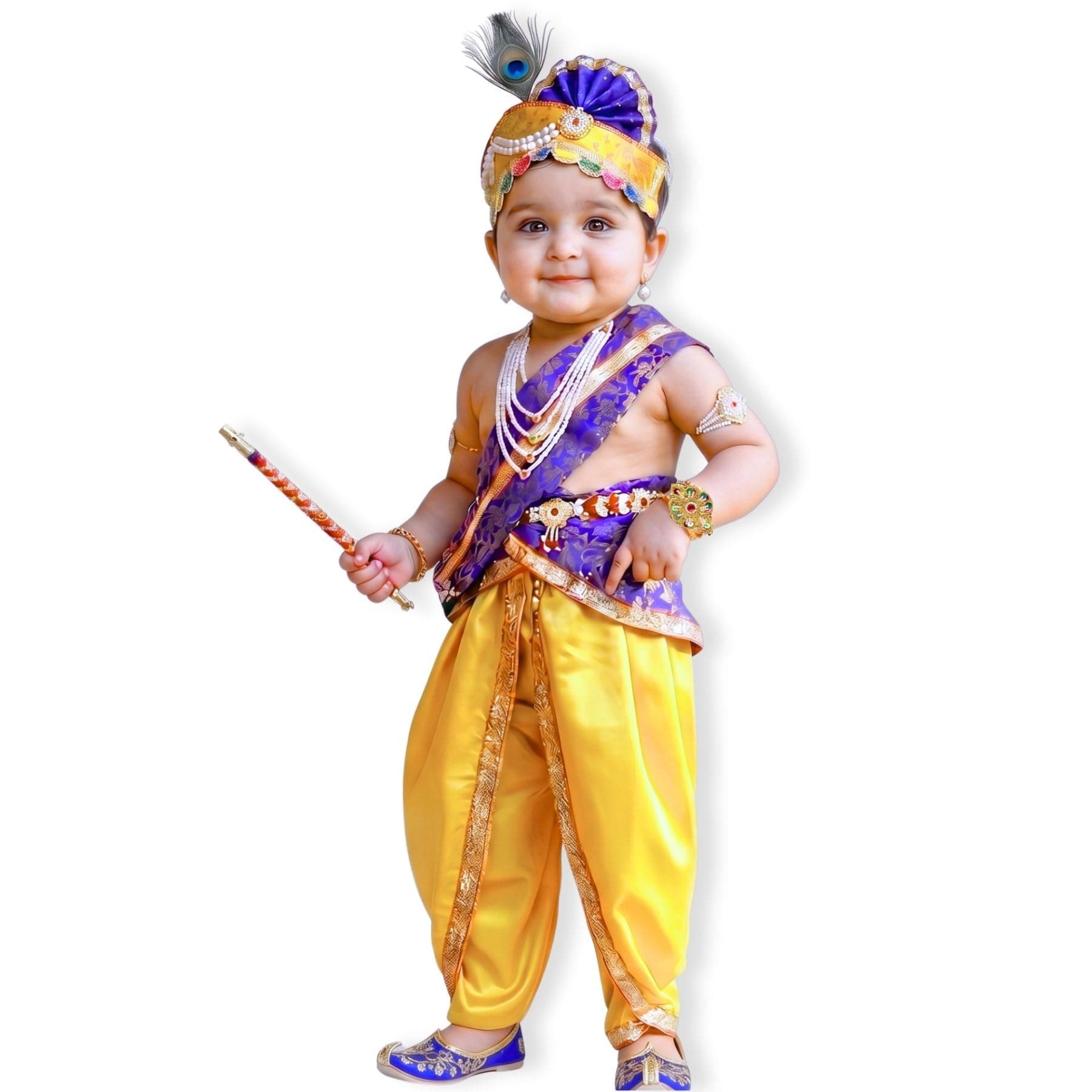 Kaku Fancy Dresses Krishna Costume for Kids Infant Baby Krishna Dress for Boys (Blue Dhoti, Patka(Stole), Belt, Fabric Mukut, Layer Pearl Mala, Bajuband, Earrings, Bansuri & Morpankh)