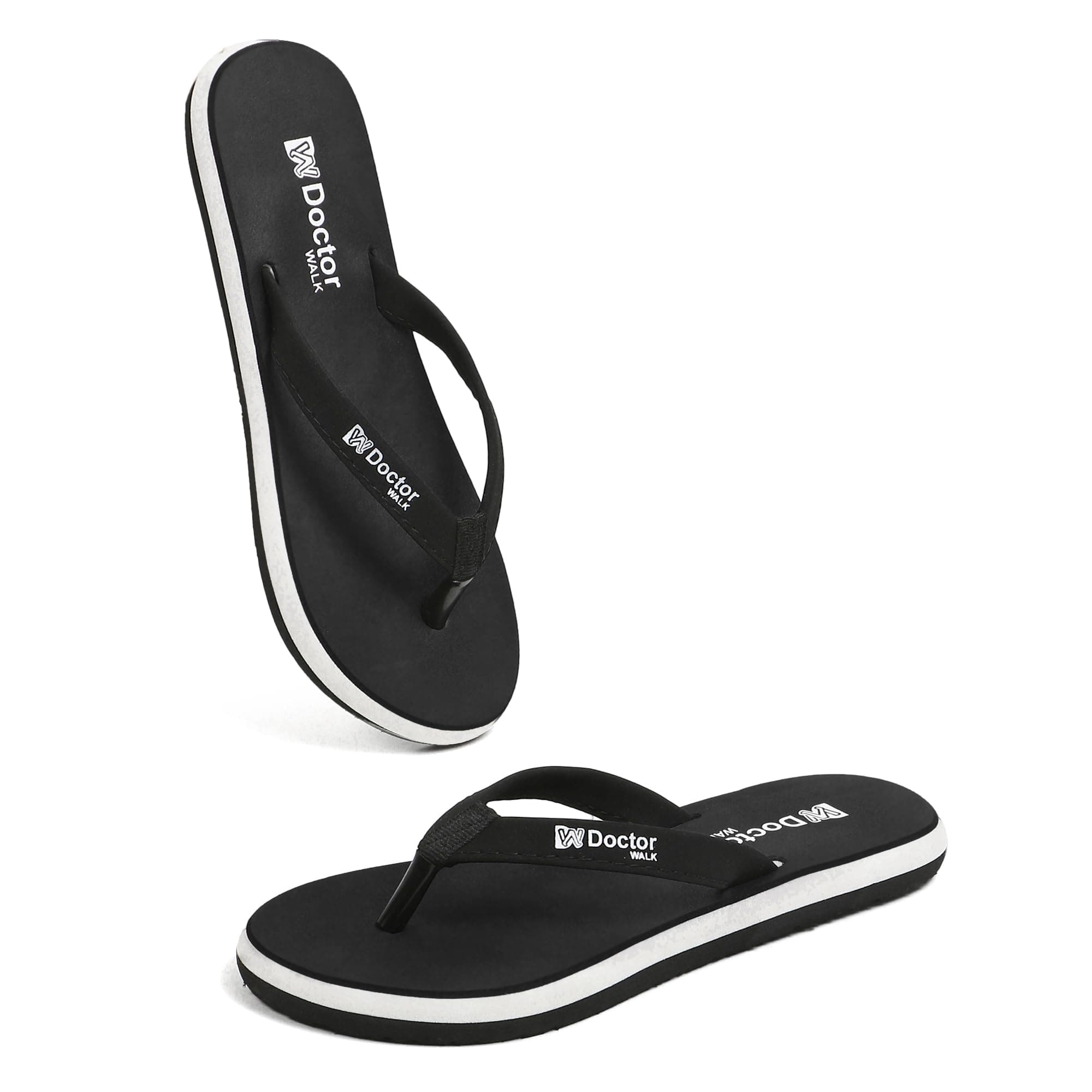 Doctor Walk Flip Flops with Comfortable Footpad, Soft Straps, Anti-Skid Design, Black and White Slipper for Women's (Black, UK Footwear Size System, Adult, Women, Numeric, Medium, 7)