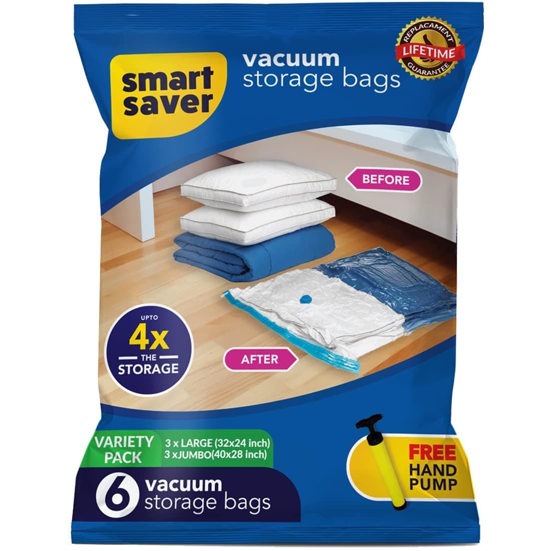 Smart Saver 6 Pack Compression Storage Space Bags For Travel,For Clothes,Bedding,Pillows,Vacuum Sealer Bags For Clothes Storage,Vaccine Sealed Airtight Reusable With Travelling Hand P,Plastic,Blue