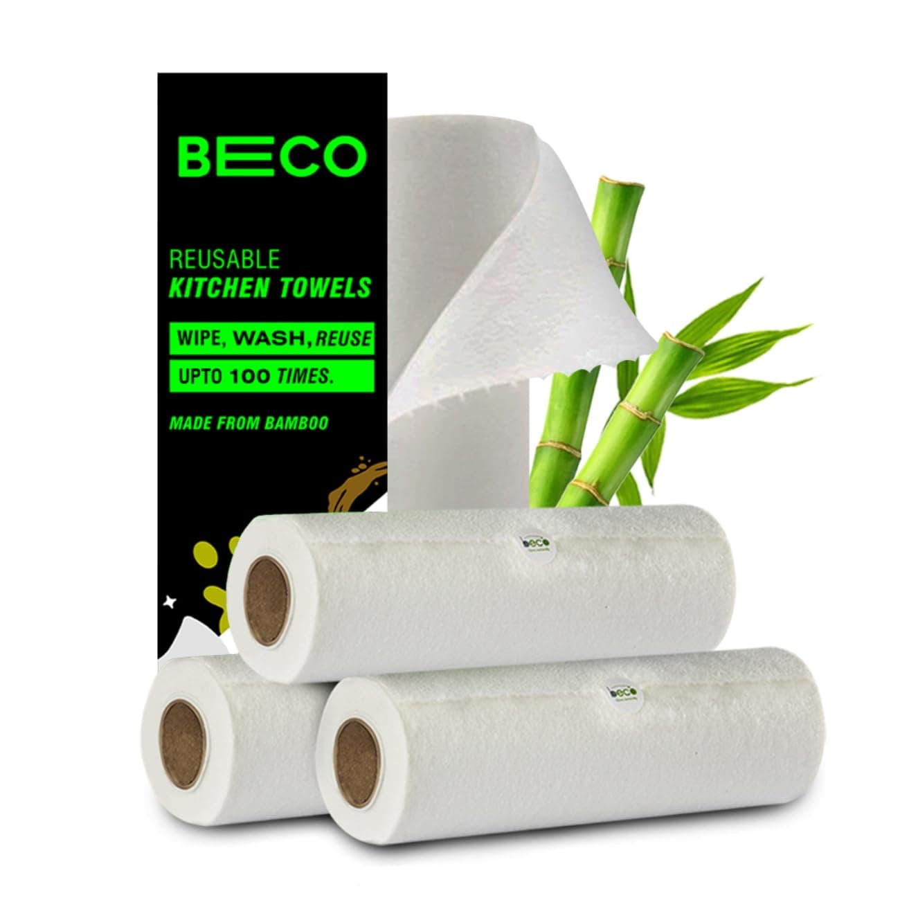 Beco Reusable Kitchen Towel Roll-8000 Times Washable|Soft & Highly Absorbent|Better Alternative to Dishcloth, Kitchen Tissue Paper Roll/Paper Towel|Eco Bamboo Wipes for Home Cleaning|80 Sheets