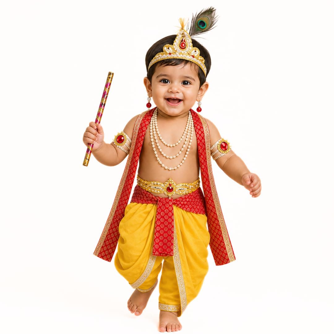 ITSMYCOSTUME Krishna Dress for Baby Boys & Girls | Little Krishna Costume Set with Dhoti, Mukut, Morpankh, Bansuri, Patka & Accessories | Janmashtami Fancy Dress for Kids (Yellow Red)