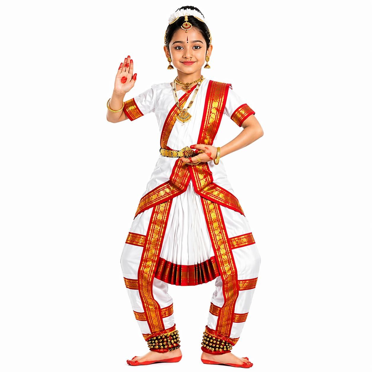 Raj Costume Kids Bharatanatyam Dance Costume for Girls Classical Dance Dress Set | Pre-Stitched Outfit with Pleats Blouse Dhoti Style Bottom | Fancy Dress for School Function Festival Performance Wear
