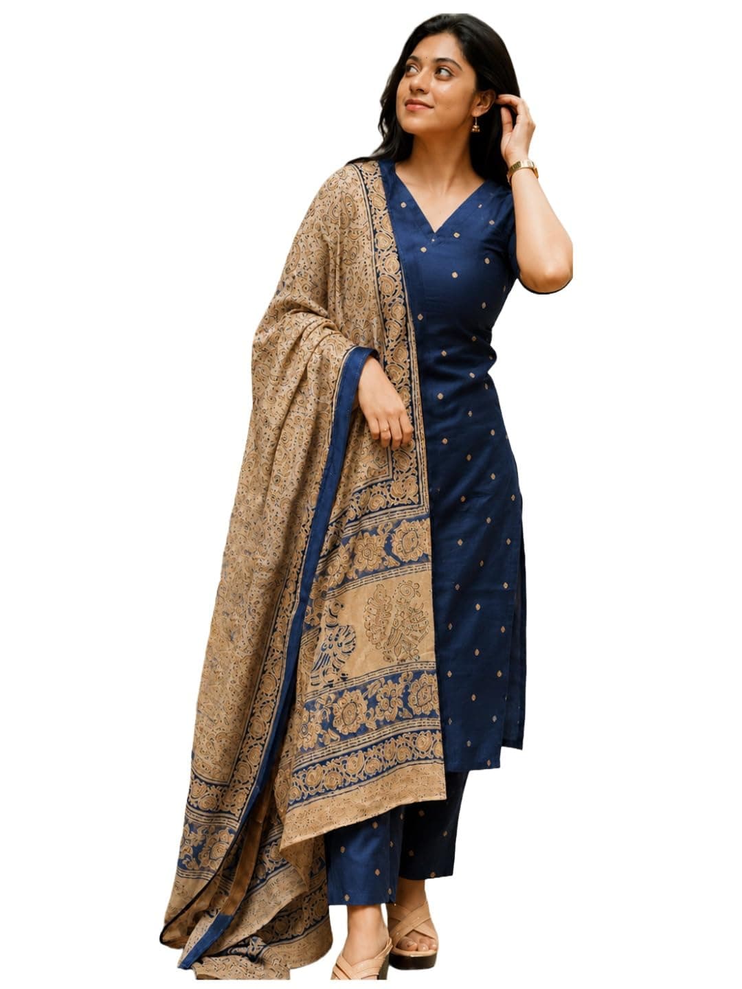 GoSriKi Women's Rayon Viscose Straight Printed Kurta with Pant & Dupatta (AHANKAR BLUE-GS-FBA_L_BLUE_Large)