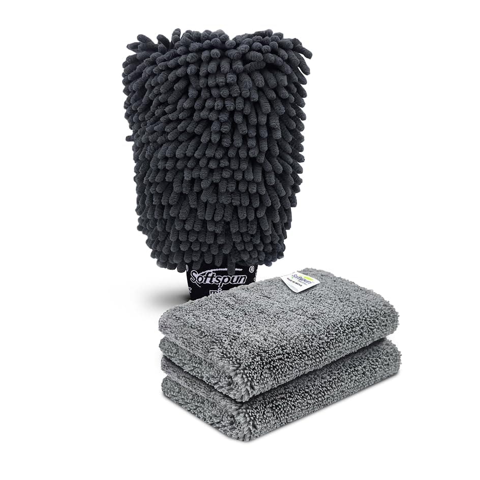 SOFTSPUN Microfiber Single Side 1 Piece Chenille Glove,1700 GSM Grey+20X30cm Cleaning Wipe 2Pcs | Multi-Purpose Super Absorbent and Perfect Wash Cleaning for Bike Auto,Cars Both Interior and Exterior
