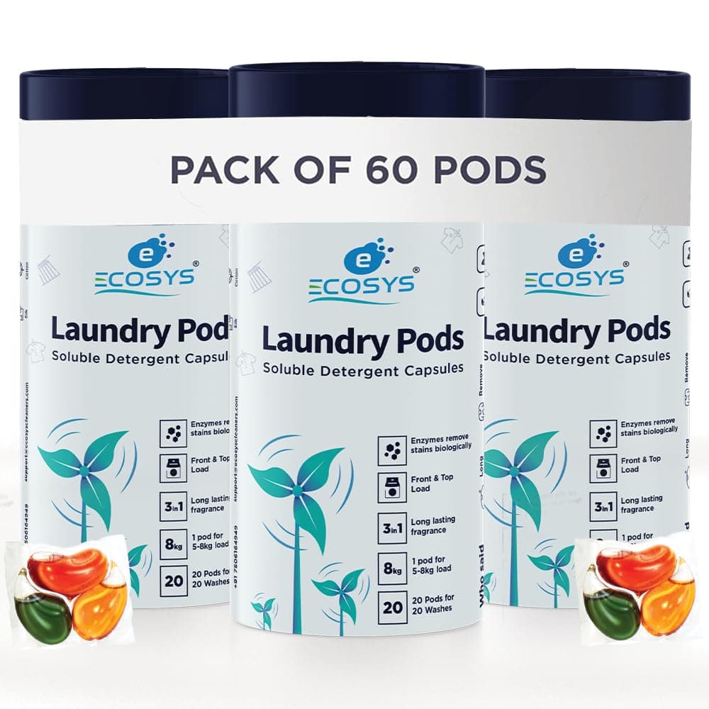 Ecosys 3-in-1 Dissolvable Magic Laundry Pods for 60 washes: Bio Enzymes Infused, Tough Stain Removal with Floral Aroma,1 Pod = 1 Wash for 5-7kg (Pack of 60)