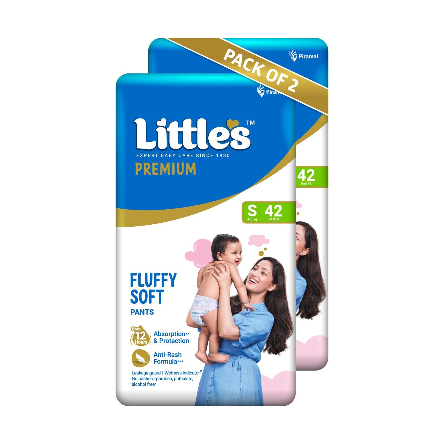 Little's Premium Baby Diapers S Size (Small) Pants Style | 4-8 kg | 84 Count | FluffySoft Baby Diaper with Leakage Guard, Wetness Indicator & 12 Hours Absorption | (42 Count, Pack of 2)