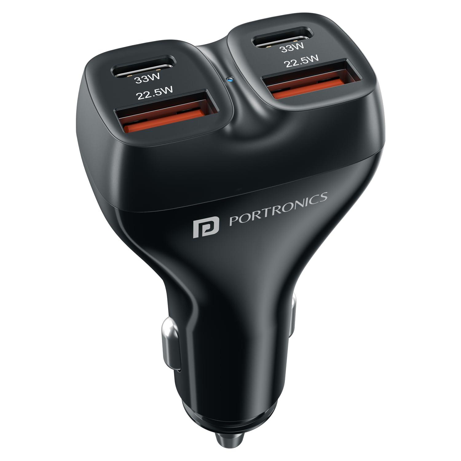 Portronics Car Power Quard 111W Car Charger, 4 Ports Fast Car Charger, Dual 33W Type-C PD, Dual 22.5W USB-A, Charge 4 Devices Simultaneously, for Smartphones, iPhones, Tablets, Earbuds & More