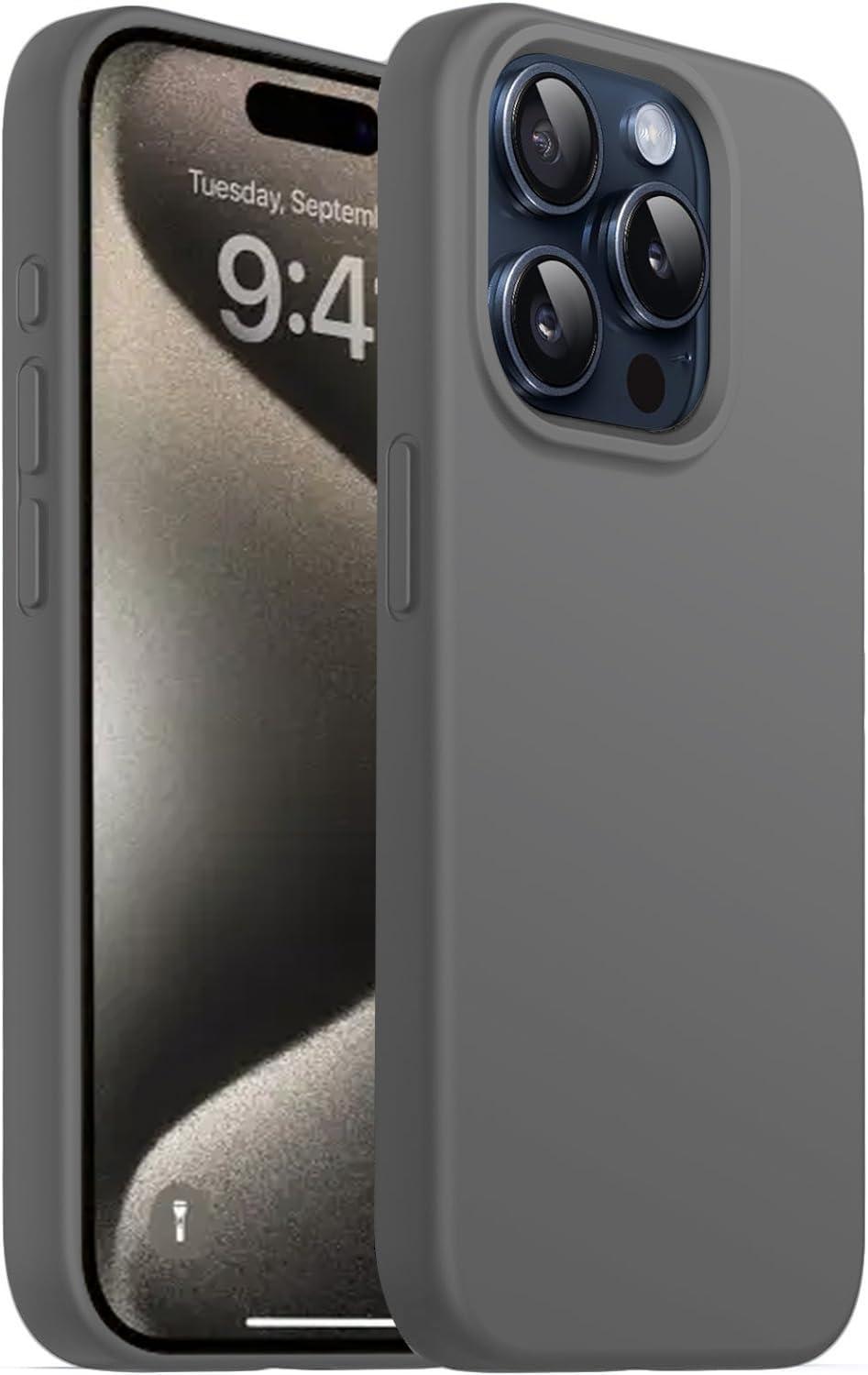 DIZORO Compatible for iPhone 15 Pro Case 6.1, Slim Liquid Silicone Case 3 Layers Full Covered Soft Gel Rubber Phone Case Protective Cover 6.1 Inch - Dark Grey