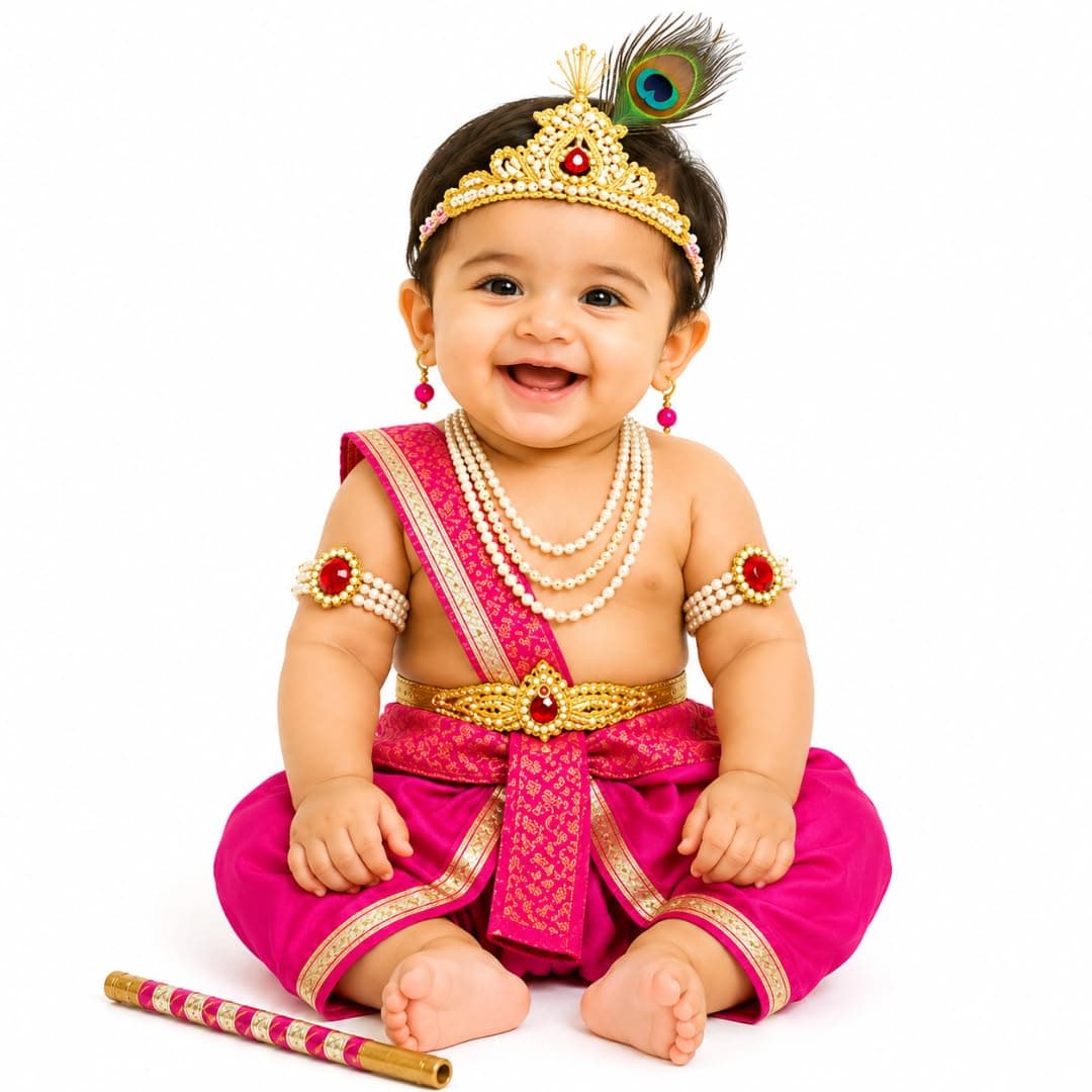 ITSMYCOSTUME Krishna Dress for Baby Boys | Little Krishna Costume Set with Dhoti, Mukut, Morpankh, Bansuri, Patka & Accessories | Janmashtami Fancy Dress for Kids (Magenta)