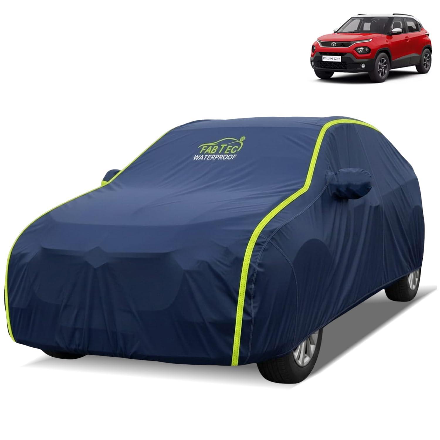FABTEC Waterproof Car Body Cover for Tata Punch Outdoor/Indoor All Weather Protection with Mirror Pocket Triple Stitched (Premium Navy Blue with Neon Piping)