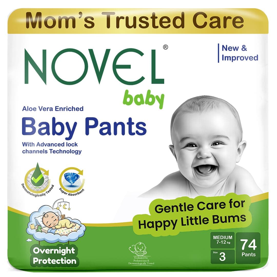 Novel Baby Diaper Pants | M Size (Medium), with Aloe Vera Lotion for rash protection | Pack of 74 Count | Cotton-Soft & Breathable | 360° Comfort Fit, Rash-Free Overnight Diapers for Babies