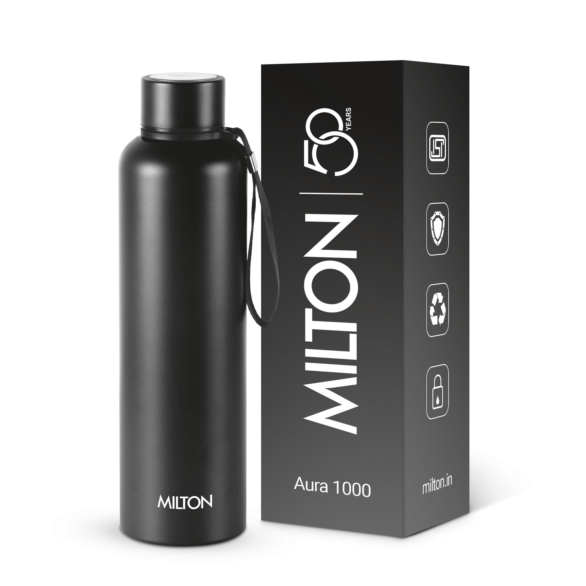 Milton Aura 1000 Thermosteel Water Bottle, 24 Hr Hot and Cold I Leak Proof Lid, ISI Certified I Vacuum Insulated I for Office, Gym, School I Black