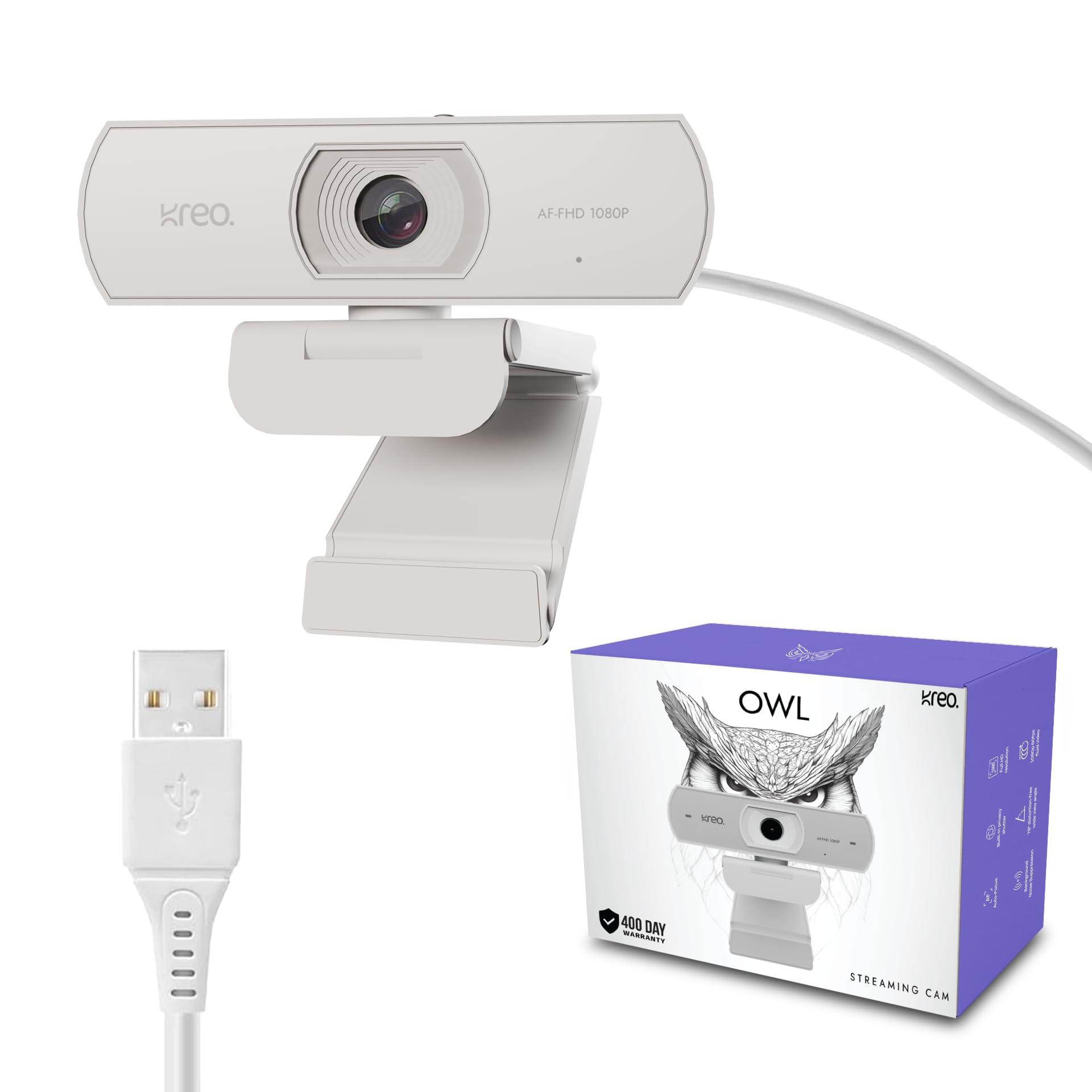 Kreo Owl Full HD 1080P 60 FPS Webcam with Auto-Focus and Built-in Dual Digital Mic, Plug and Play Setup for Video Call, Streaming, YouTube and More, Built-in Privacy Shutter with 360 Rotation (White)