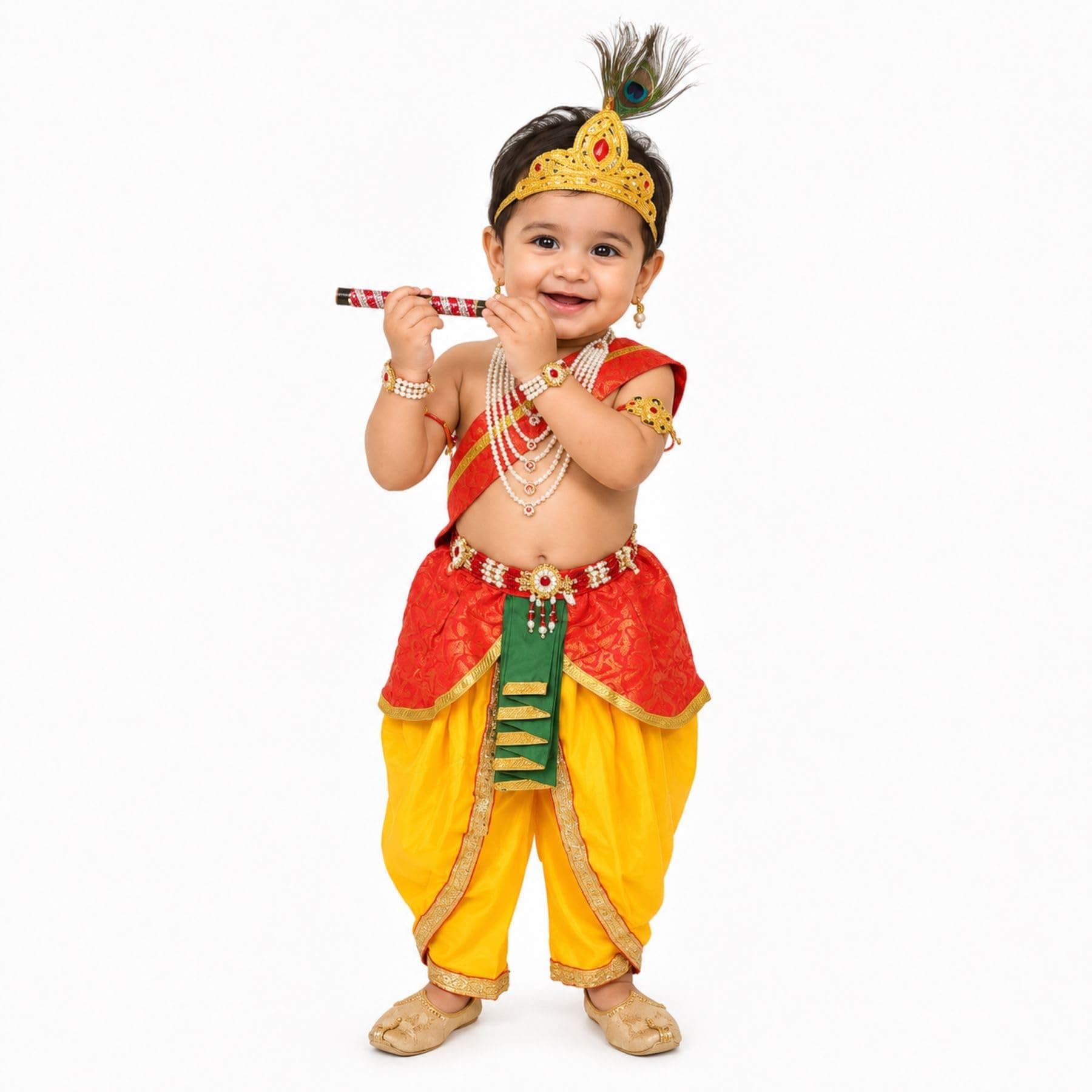 Kaku Fancy Dresses Silk,Polyester Krishna Costume For Kids Infant Baby Krishna Dress For Boys (Set Of 11 - Red Dhoti,Patka(Stole),Belt,Mukut,Layer Pearl Mala,Moti Bajuband,Earrings,Bansuri&Morpankh)