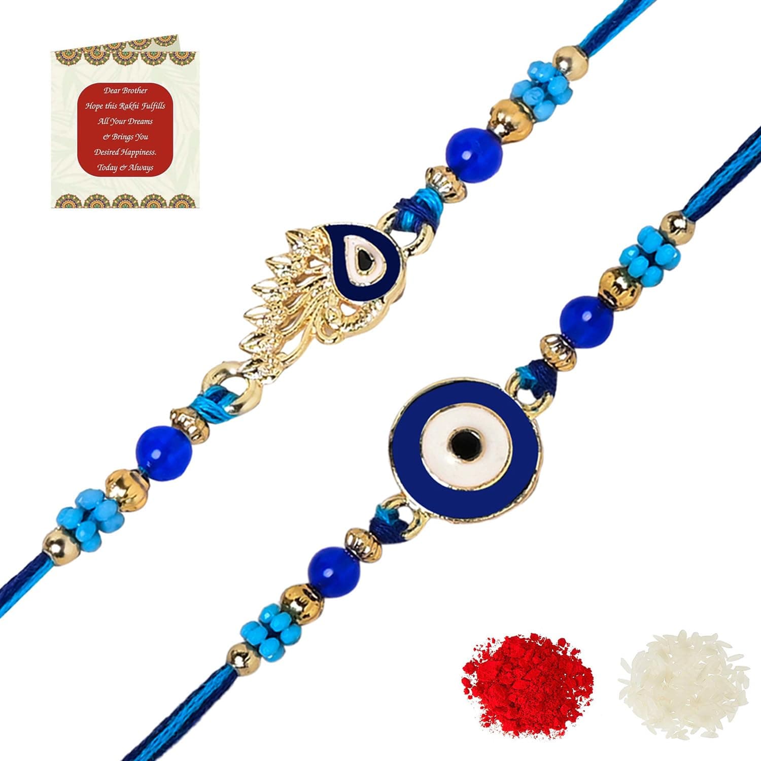 Riddhika Ventures Elegant Evil Eye Rakhi for Protection from Negative Energy (Set Of 2) With Roli Chawal And Greeting Card (K18K19)