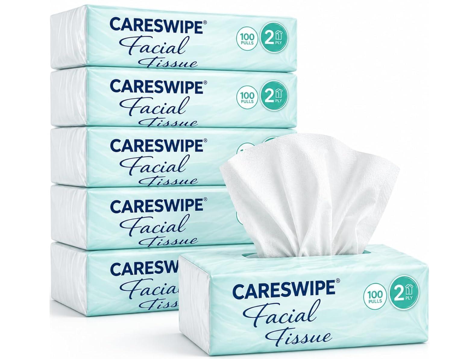 Careswipe 2 Ply Facial Tissue Box Soft Pack 100 Pulls Each Pack (200 Sheets) Pack Of 6-600 Pulls Ultra Soft, Highly Absorbent & Skin Friendly Face Tissue Daily Use Tissue Paper (1200 sheets)