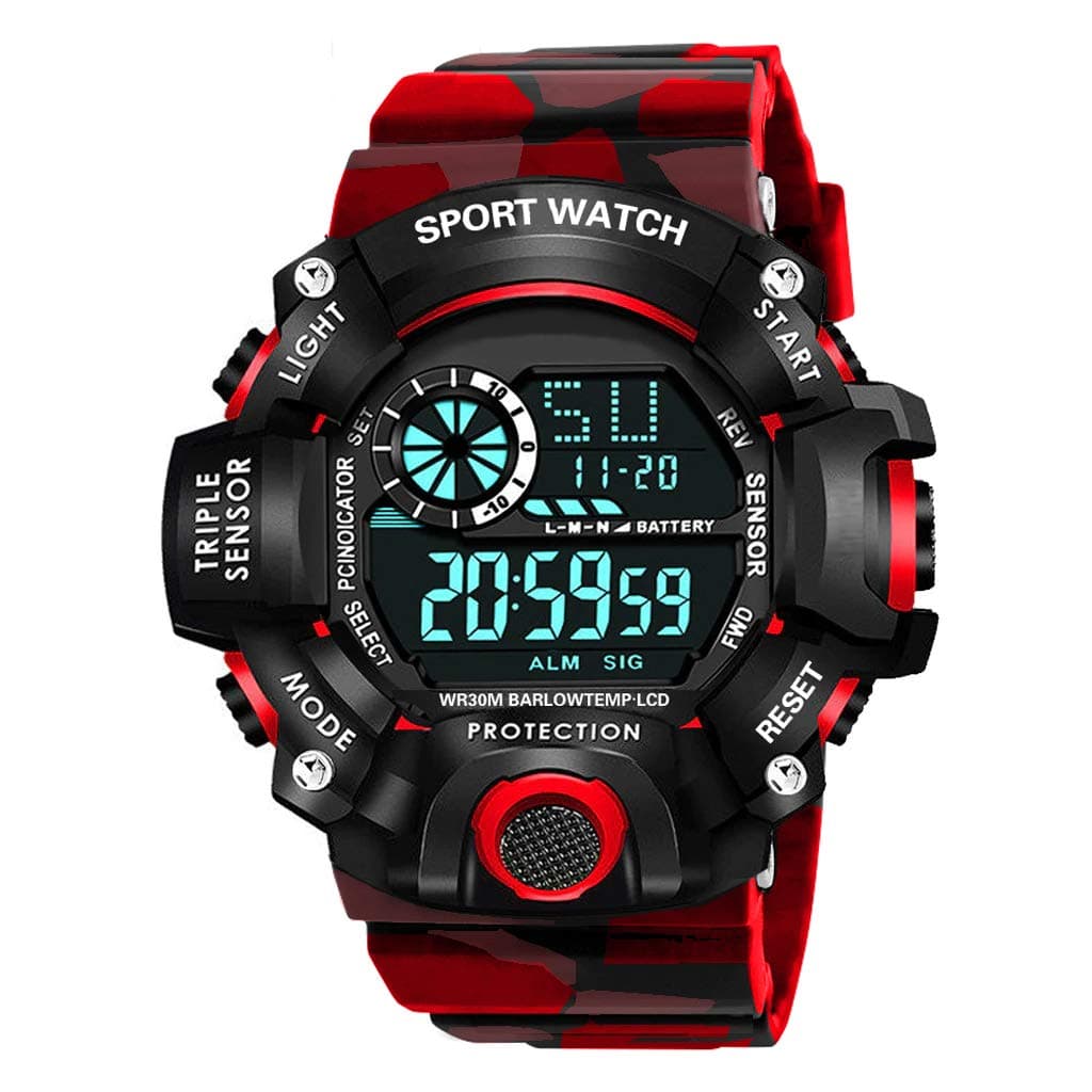 Shocknshop Digital Sports Multi Functional Rubber Black Dial Watch for Mens Boys -315RED (Red)
