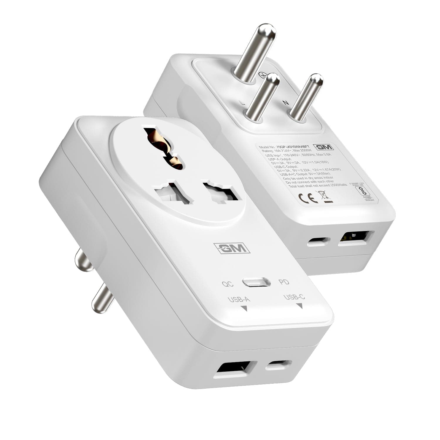 GM G+ 3-in-1 20W PD Fast Charging Adapter with 2500W Universal Socket | Dual Type-C & USB-A Ports | Socket for India, US, UK, EU, AU | Compact Design for Bedside Use | Multi Plug Power Adapter