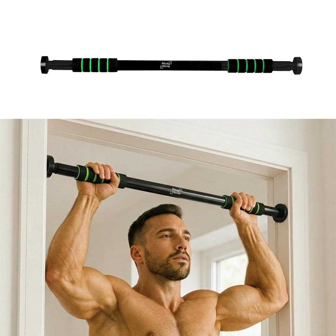 Roughhouse Multi-Functional Pull-Up Bar For Home Workout| No Screw pull up bar stand Anti-Skid Grip [Length 60-100 CM] For Pull-Ups, Chin-Ups and Stretching Adjustable Upper Body Core Workout(1.2 Kg)