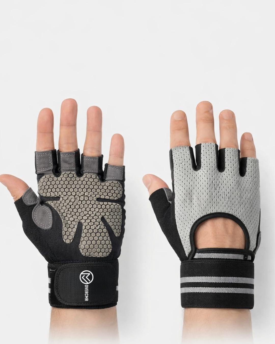 Overcmr Gym Gloves for Men Workout| Padded with Silicone Grid for Maximum Grip | Breathable Polyester | Gym Gloves for Women | Anti-Blister Workout Gloves for Weightlifting, Gym & Cycling| Grey (S)