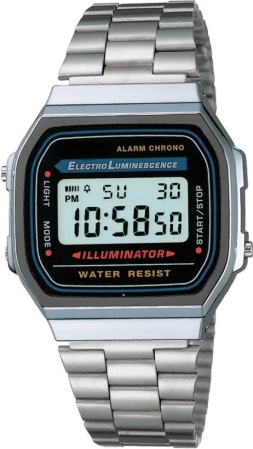 Fiiasa Vintage A168WA-1WDF Black Dial Silver Stainless Steel Band Digital Watch - for Men & Women D131