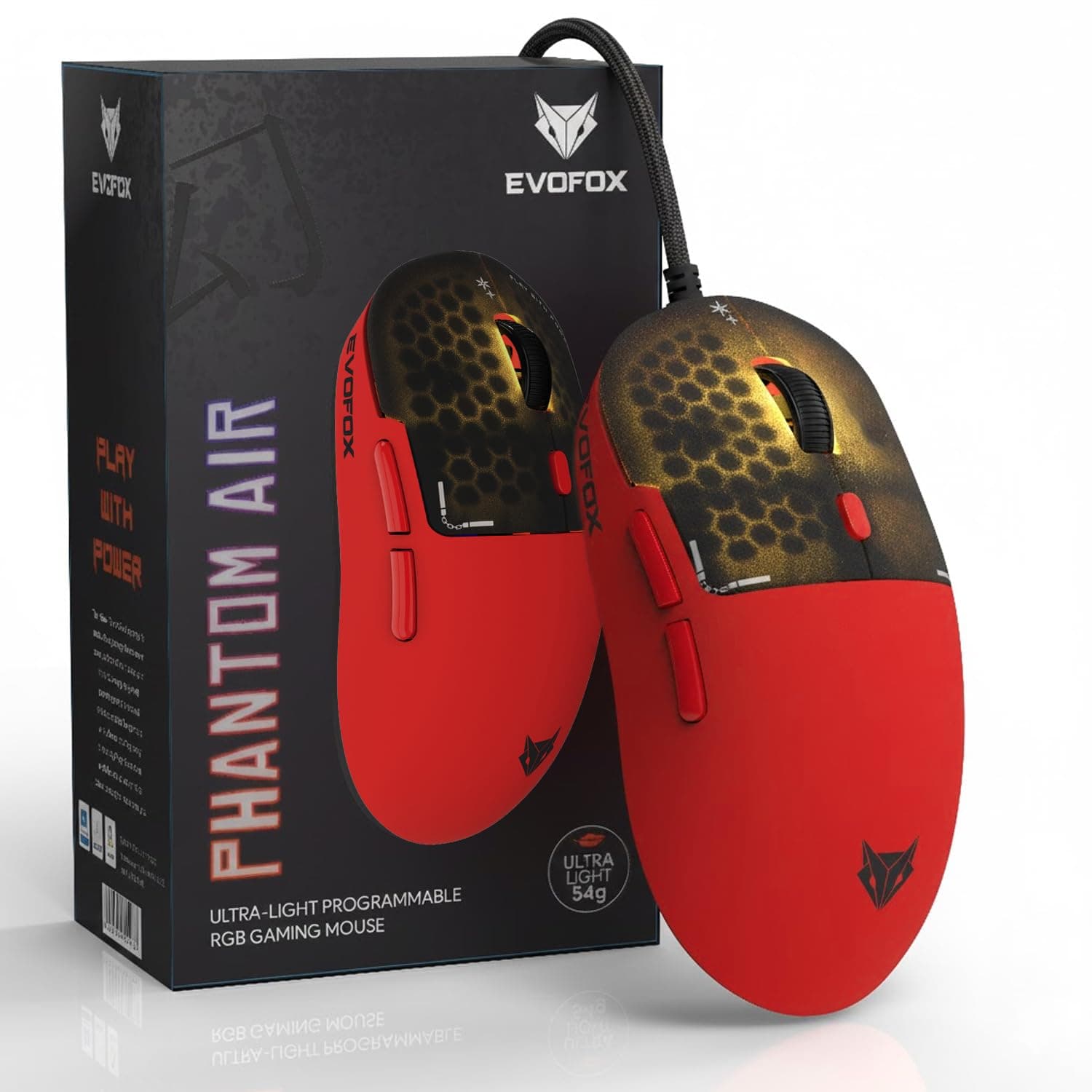 EvoFox Phantom Air Ultra Lightweight Gaming Mouse 54g | Upto 1000Hz Polling Rate, 7000 FPS, 12800 DPI | Honeycomb RGB Lighting | Fully Programmable with Windows Software & On-Board Memory | Red