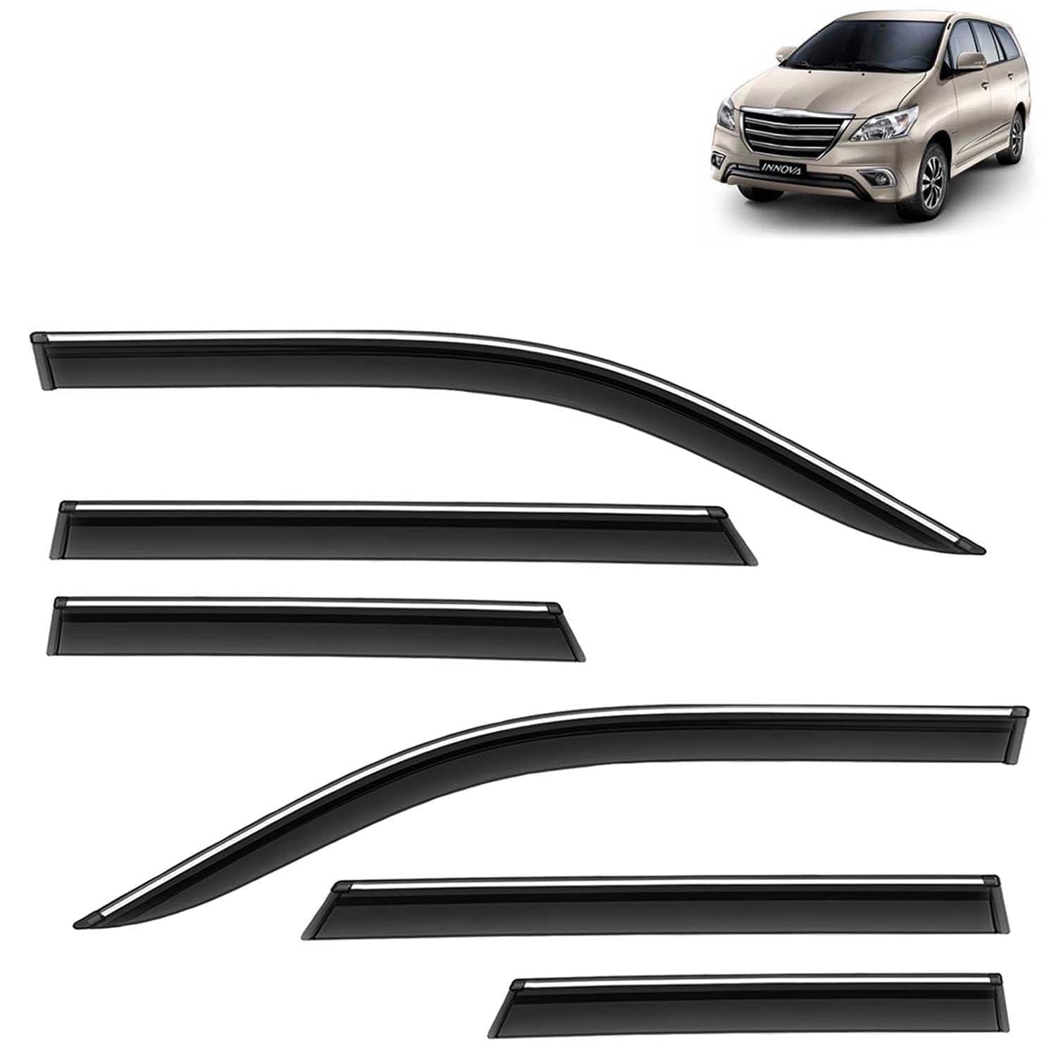 KINGSWAY Accessories Chrome Lining Door Visor Only Compatible with Toyota Innova (Year 2012 to 2015) All Model, Premium Chromeline Unbreakable Car Rain Guard Side Rear Wind Deflectors, Set of 6 Pcs