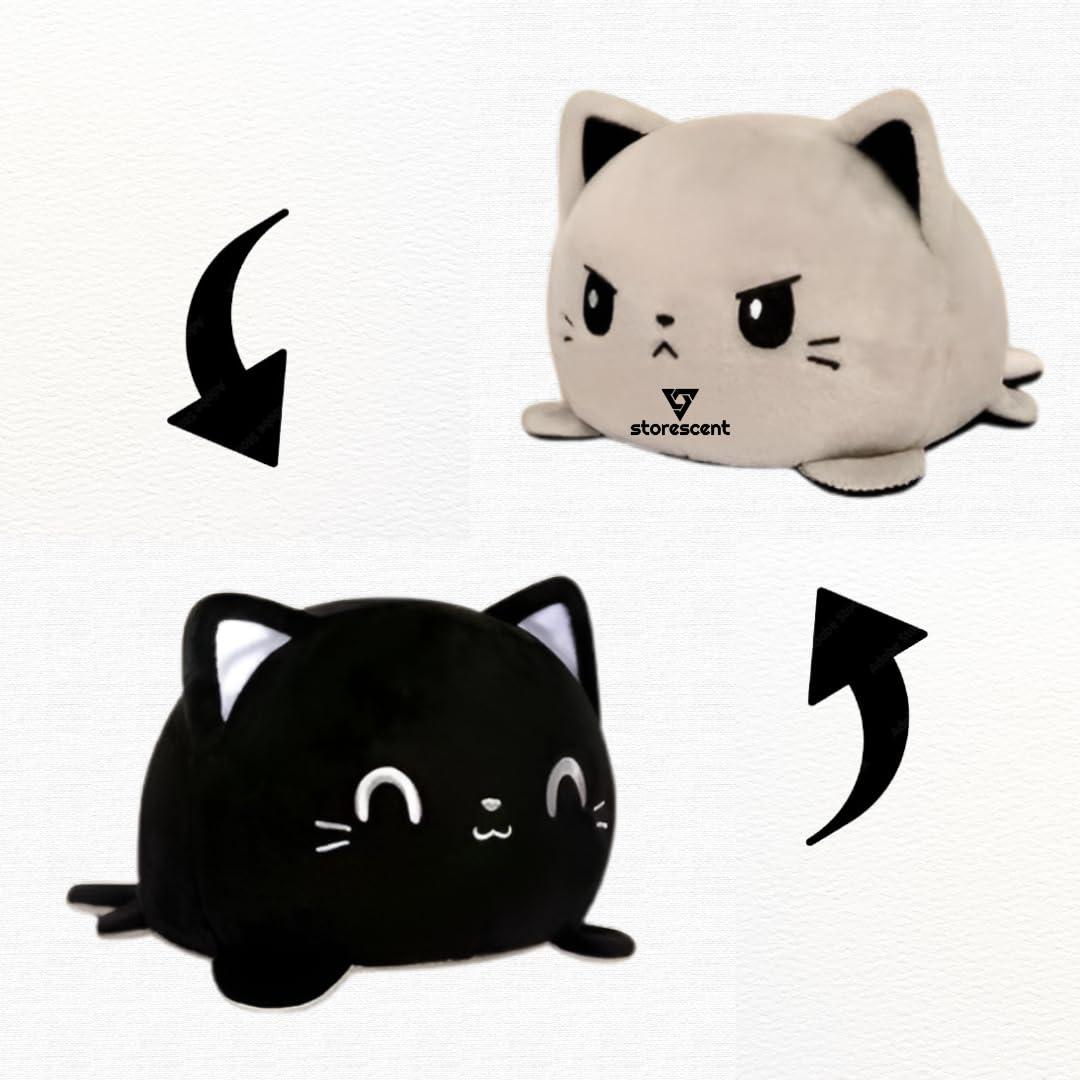 Storescent Reversible Cat Soft Toys for Kids, Stuffed Animal Plush Soft Toys for Boys and Girls | Cat Plushie Toy (Happy Black/Angry Grey)