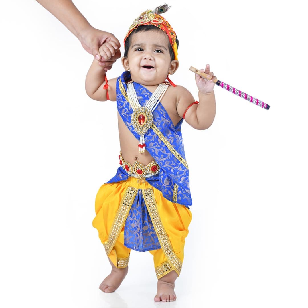 ITSMYCOSTUME Krishna Dress for Baby Boy Kids Set of 10(Dhoti,Hip Cover,Patka,Mukut,Morpankh,Bansuri,Kamarband,Bajuband,Kundal) Little Krishna Ji Kanha Janmasthmi Costume