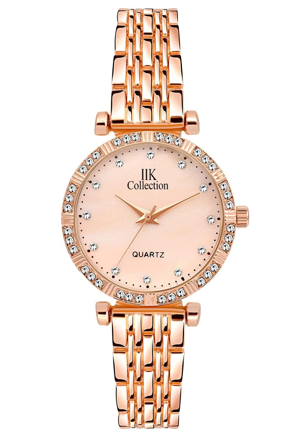 IIK COLLECTION Watches for Women Round Studded Dial |Analogue Quartz Movemnet Ladies Watch|Long Battery Life|Stainless Steel Adjustable Bracelet Chain Strap|Double Lock Clasp Safety Watches for Girls
