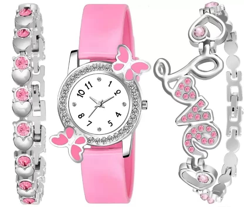 Acnos Silicone Premium White Dial Diamond Pink Analog Watch 2 Diamond Bracelet For Girl Best Design Butterfly Combo 3 Pack Of 3, Pink Band