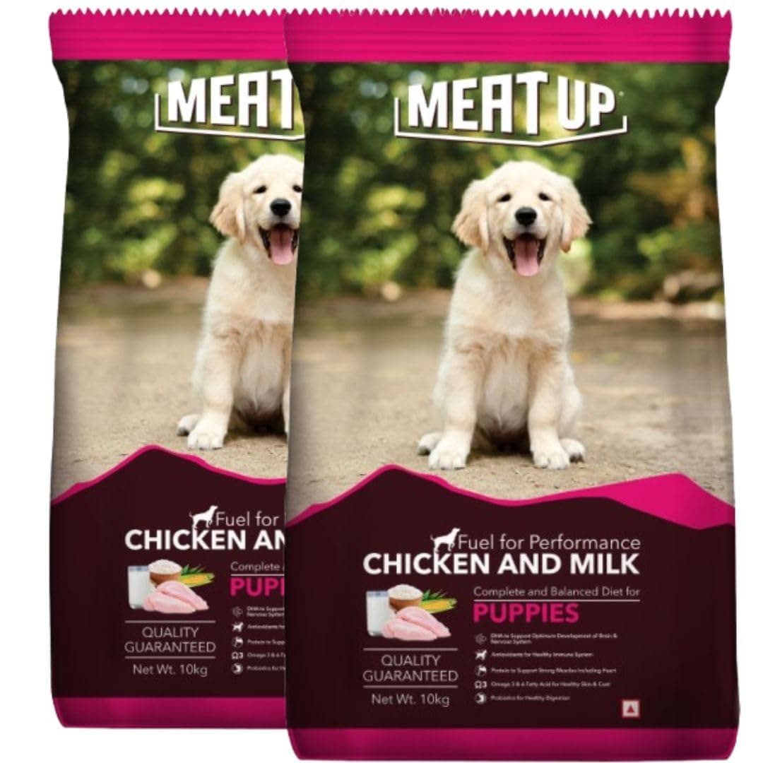 Meat Up Puppy Dry Dog Food 20kg (10kg + 10kg Free) | Chicken & Milk Flavour | Supports Brain & Nervous System Development | Maintains Digestive Health | Enriched with Vitamins & Minerals