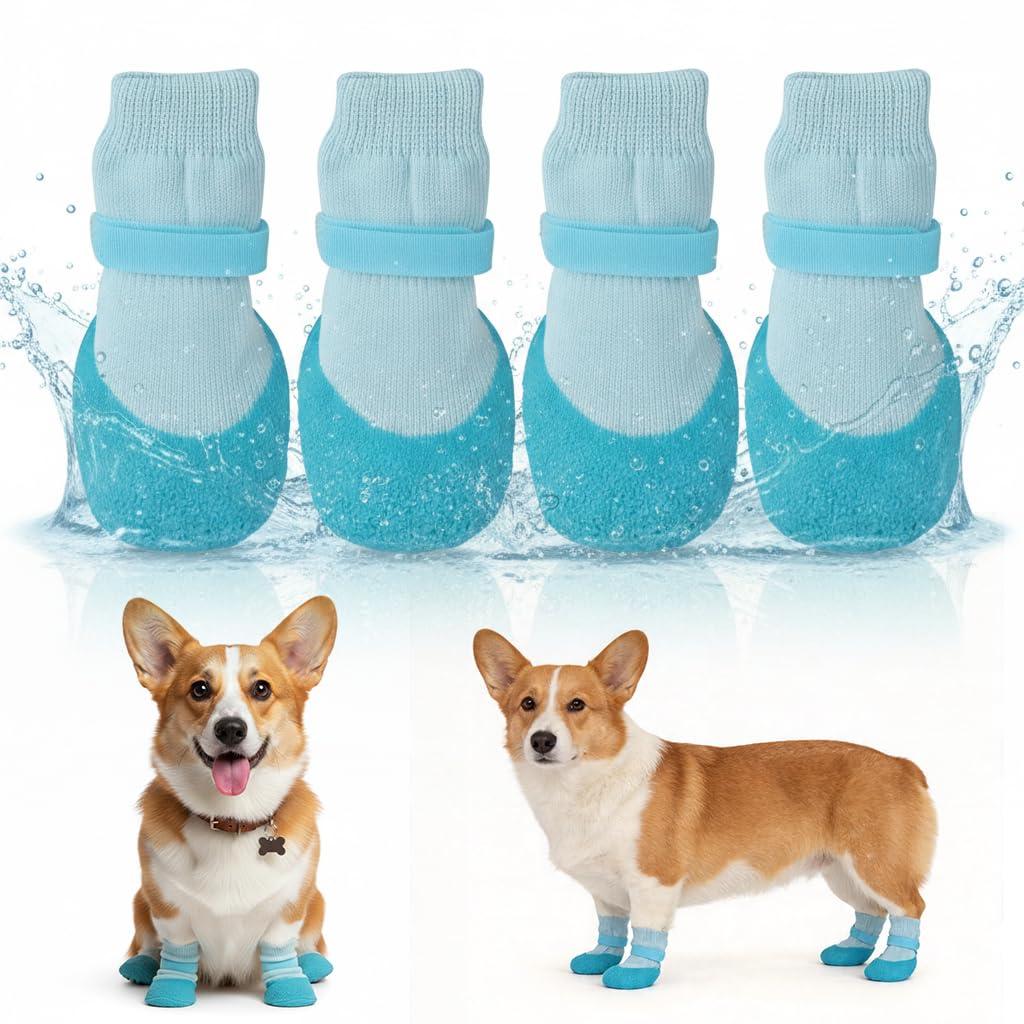 Qpets® 4Pcs Non-Slip Dog Socks, Rubber Dog Shoes Waterproof Pet Paw Protector Shoes with Soft Knit Upper & Durable Grip Sole, Adjustable Strap Pet Booties for Dogs Cat Indoor Outdoor Walking(1.5-3KG)