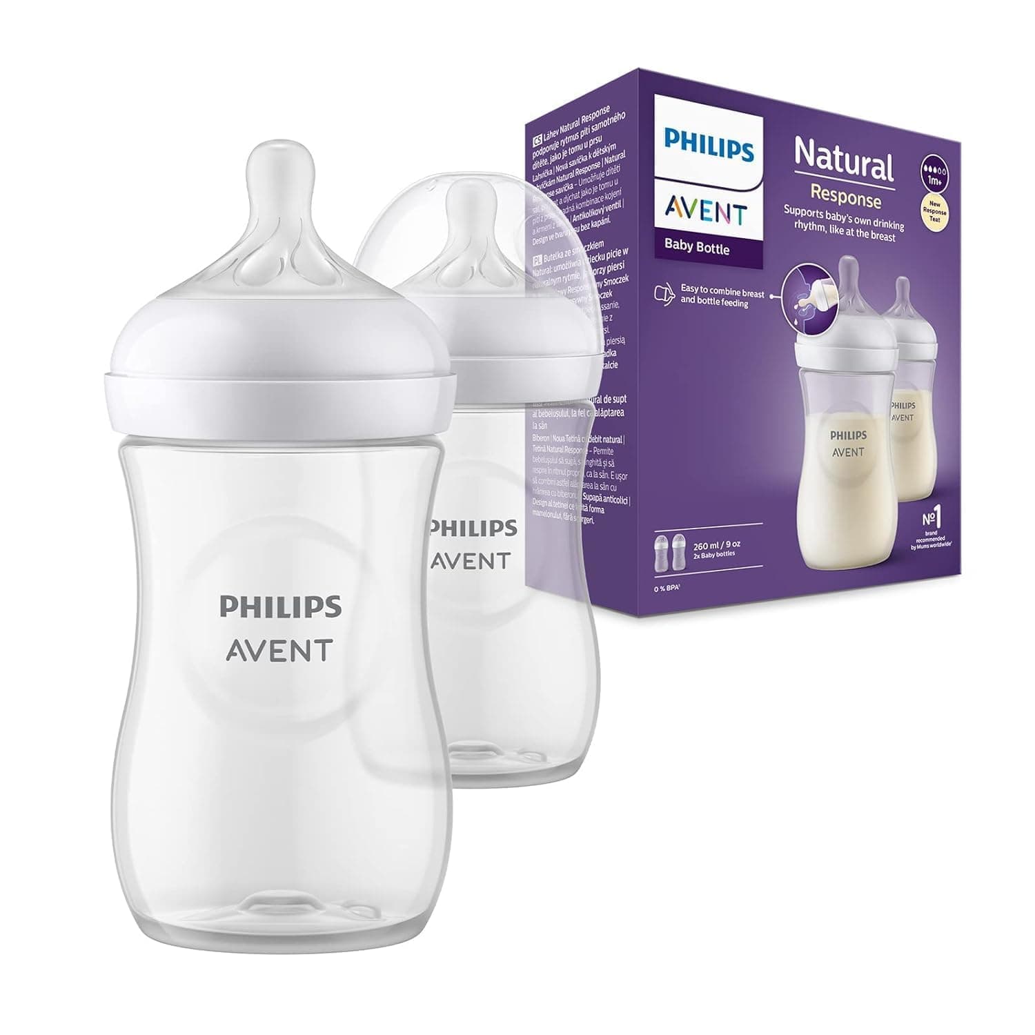 Philips Avent Natural Response 3.0 Plastic Baby Feeding Bottle | 260ml | No.1 Brand Recommended by Moms Worldwide | Ideal for 1 months+| Mimics Breastfeeding | Uniquely Designed Nipple | Pack of 2| SCY903/02