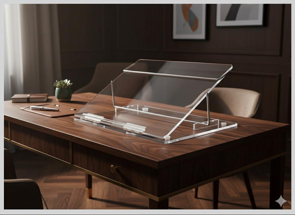 LUVYANSH Table Top Elevator Desk(Big Size 18x24 Inch,9mm P.S Sheet) Adjustable in-Line Document Holder Ergonomic Slanted Writing and Reading Stand for Desktop,Transparent Clear(Tablet & Laptop Stand)